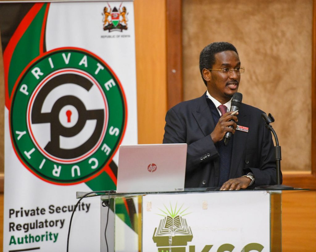 Chief Executive Officer/Director General, Fazul Mahamed, addresses the attendees at Kenya's first Private Security Strategic Communications Conference, at Kenya School of Government